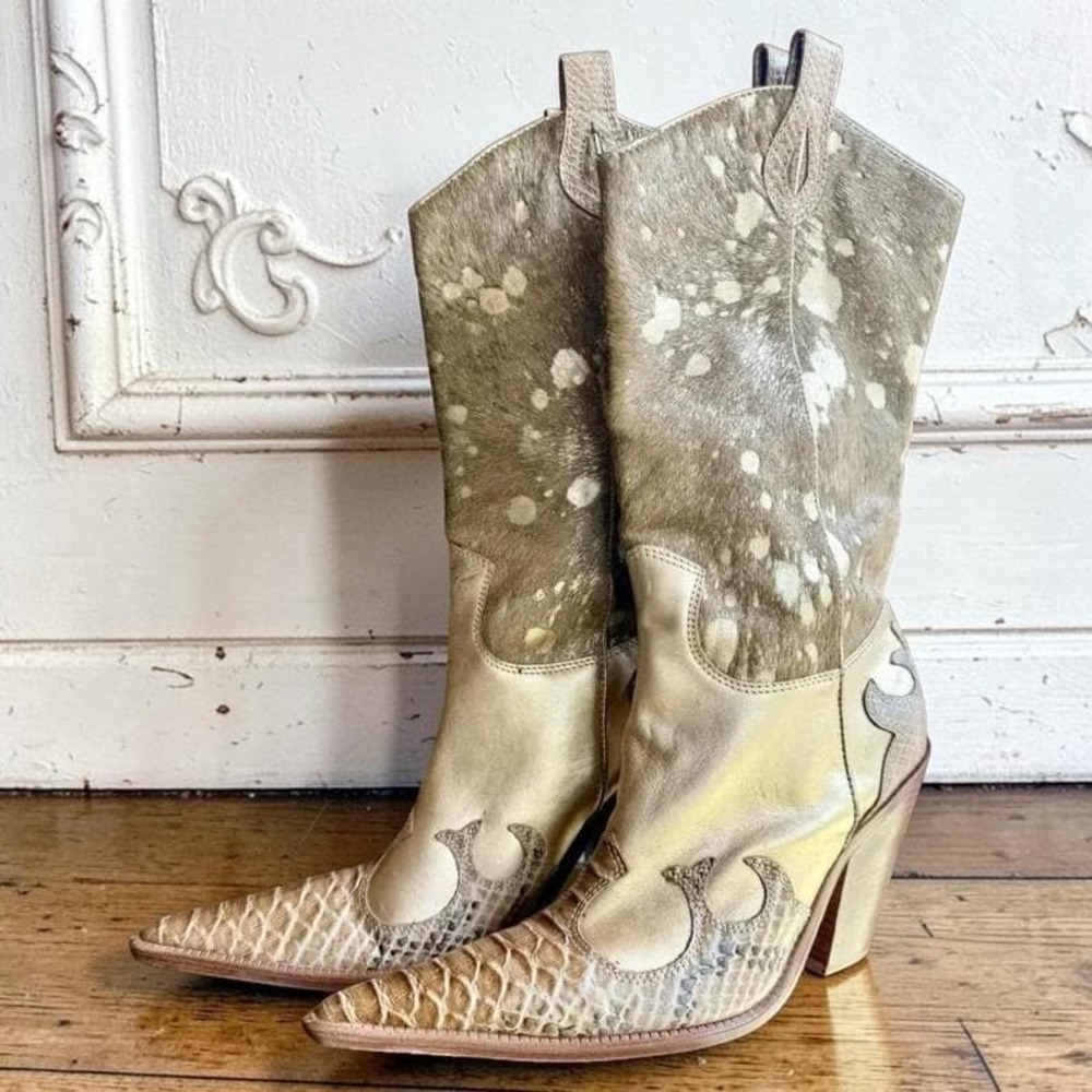 Vintage Para Raio Gold Leather Brazilian Cowgirl Boots Sz 9 Pointed Toe Western
